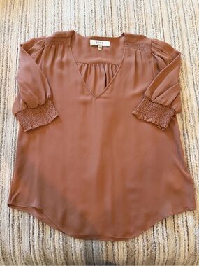 Joie Rust-Tone V-Neck Blouse with Smocked Cuffs
